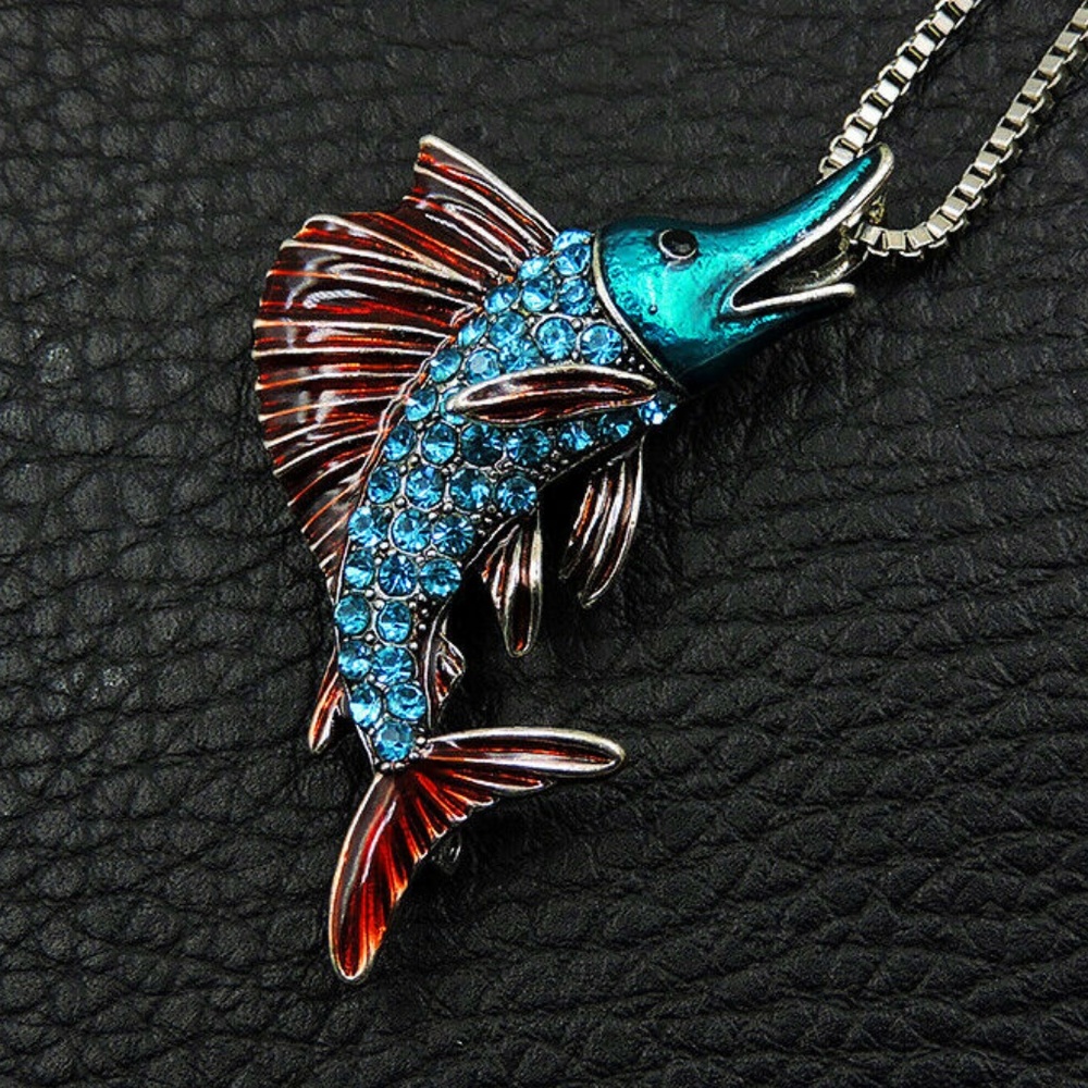 Aqua Rhinestone Sailfish Pendant Brooch NWT - Picture 1 of 3